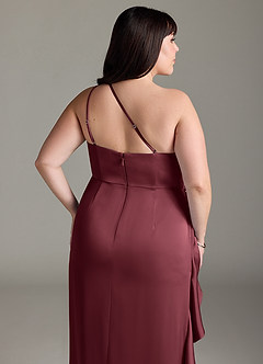 Azazie Latrice Bridesmaid Dresses Merlot Sheath One Shoulder Cascading Ruffles Stretch Satin Dress image12
