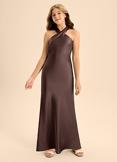 Azazie Doretta Junior Ganache A-Line Pleated Stretch Satin Dress image4