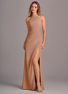 Azazie Jemma Bridesmaid Dresses Champagne Rose Sheath Pleated Chiffon Dress image1