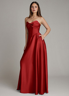 Azazie Meleena Bridesmaid Dresses Pomegranate A-Line Strapless Stretch Satin Dress image6