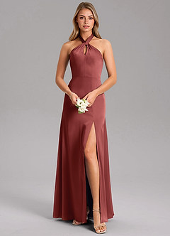 Azazie Tracie At-home Try On Dresses Bronzer A-Line Side Slit Stretch Satin Dress image1