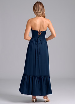 Azazie Leilana Bridesmaid Dresses Dark Navy A-Line Corset Stretch Satin Dress image2