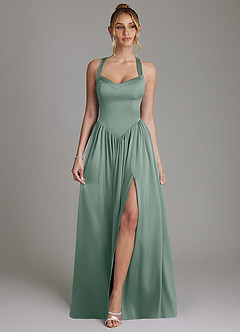 Azazie Francis Bridesmaid Dresses Silver Sage A-Line Corset Stretch Satin Dress image1