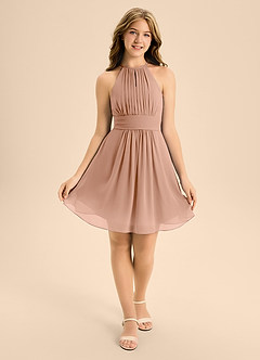 Azazie Bonnie Junior A-Linie Plissee Chiffon Kleid Champagner Rosa image1