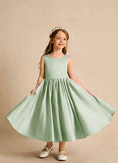 Azazie Doodlebug Flower Girl Dresses Dusty Sage A-Line Bow Matte Satin Dress image4