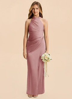 Azazie Jemma Junior Dusty Rose Sheath Ruched Stretch Satin Dress image1