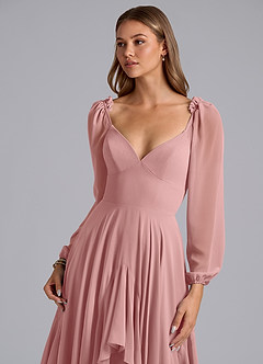 Azazie Karan Bridesmaid Dresses Dusty Rose A-Line Long Sleeve Chiffon Dress image6