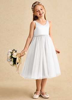 Azazie Firefly vestidos de niña de las flores Vestido de Blanco de Satin Mate de Corte en A con Lazo image7