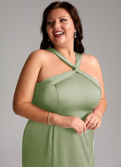 Azazie Rue Bridesmaid Dresses Dusty Sage A-Line Pleated Stretch Satin Dress image13