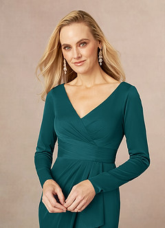 Azazie Risa Mother of the Bride Dresses Peacock Mermaid V-Neck Pleated Mesh Dress image4