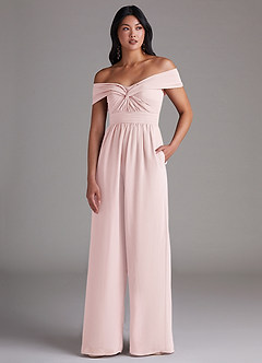 Azazie Lamara Bridesmaid Dresses Blushing Pink Off the Shoulder Chiffon Convertible Jumpsuit image1
