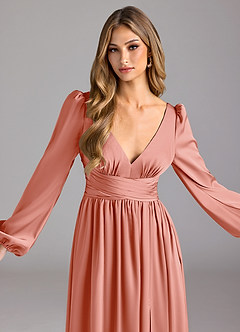 Azazie Norah Bridesmaid Dresses Coral A-Line Stretch Satin Dress image5