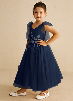 Azazie Minia Flower Girl Dresses Dark Navy A-Line Bow Matte Satin Dress image5
