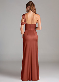 Azazie Wynter Bridesmaid Dresses Terracotta Sheath Off the Shoulder Stretch Satin Dress image2