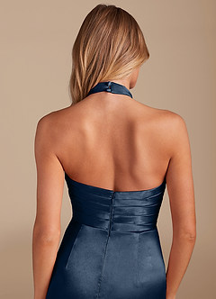 Azazie Jemma Bridesmaid Dresses Dark Navy Sheath Pleated Metallic Satin Dress image2