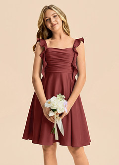 Azazie Kira Junior Terracotta A-Line Ruched Stretch Satin Dress image3