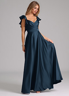 Azazie Leilani Vestidos de damas de honor Vestido Azul Marino Oscuro de Satén Elástico de Línea A con Drapeado image4