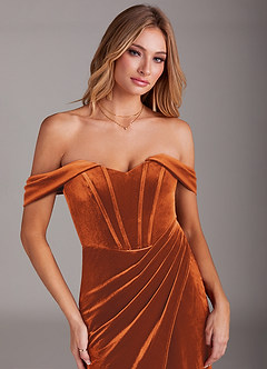 Azazie Jas Bridesmaid Dresses Burnt Orange Sheath Off-The-Shoulder Corset Velvet Convertible Dress image5