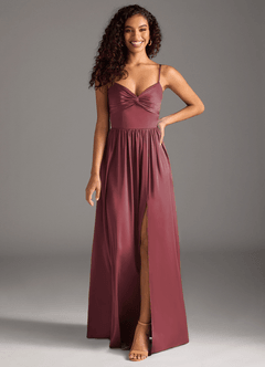 Azazie Zeya Bridesmaid Dresses Merlot A-Line Pleated Stretch Satin Dress image8