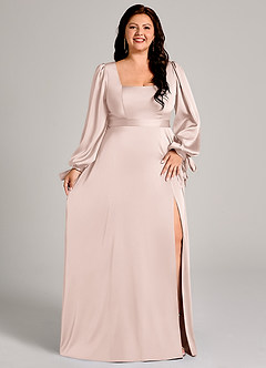 Azazie Leonia Bridesmaid Dresses Blushing Pink A-Line Long Sleeve Stretch Satin Dress image11