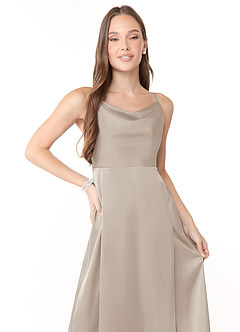 Azazie Naomie Bridesmaid Dresses Frost A-Line Cowl Neckline Side Slit Stretch Satin Dress image5