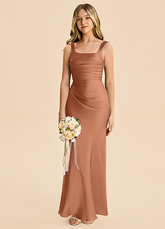 Azazie Agustina Junior Bronzer Sheath Pleated Stretch Satin Dress image4