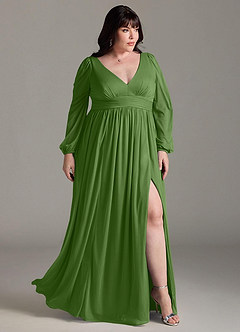 Azazie Norah Bridesmaid Dresses Basil A-Line V-Neck Long Sleeve Chiffon Dress image9