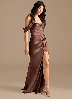 Azazie Lynden At-home Try On Dresses Auburn Sheath Off the Shoulder Metallic Satin Convertible Dress image3