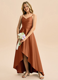 Azazie Eirlys Junior Robe Trapèze en Satin extensible Plissée Cuivre image4