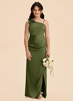 Azazie Remi Junior Olive Sheath Side Slit Stretch Satin Dress image2