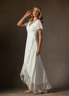 Azazie Lanei Wedding Dresses Diamond White A-Line V-Neck Lace Dress image4