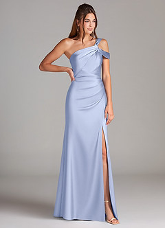 Azazie Wynter Bridesmaid Dresses Ice Sheath Off the Shoulder Stretch Satin Dress image4