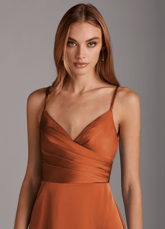 Azazie Calissa Bridesmaid Dresses Cinnamon A-Line V-Neck Pleated Stretch Satin Dress image5
