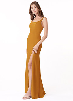 Azazie Salma Bridesmaid Dresses Butterscotch Sheath Side Slit Chiffon Dress image3