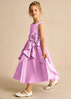 Azazie Hermia Robe Demoiselle D'honneur Fillette Robe Trapèze en Mat Satiné Sans manches Rose Bonbon image4