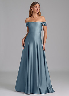 Azazie Seriana At-home Try On Dresses Dusty Blue A-Line Off the Shoulder Stretch Satin Convertible Dress image1