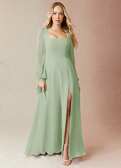 Azazie Leonia Bridesmaid Dresses Dusty Sage A-Line Long Sleeve Chiffon Dress image3