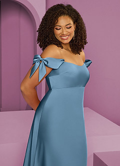 Barbie ♥ Azazie Bridesmaid Dresses Steel Blue Sheath Off the Shoulder Stretch Satin Convertible Dress image12