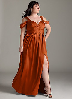 Azazie Lianne Bridesmaid Dresses Burnt Orange A-Line Off the Shoulder Stretch Satin Dress image19