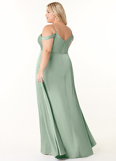 Azazie Ocean Bridesmaid Dresses Agave A-Line V-Neck Pleated Stretch Satin Dress image9
