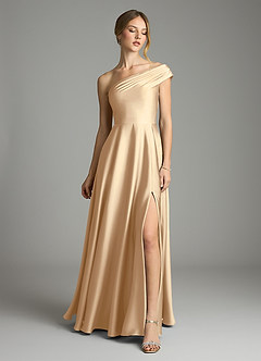 Azazie Melanie 신부 들러리 드레스 A라인 오프 더 숄더 스트레치 새틴 바닥 길이 드레스 image3