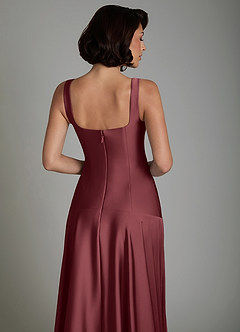 Azazie Reina At-home Try On Dresses Dusty Blue A-Line Pleated Stretch Satin Dress image4