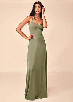 Azazie Mei At-home Try On Dresses Pistachio A-Line V-Neck Stretch Satin Dress image5