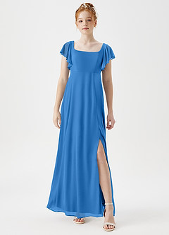 Azazie Bondi Junior A-Linie Seitliche Cut-Outs Gittergewebe Kleid Blauhäher image1