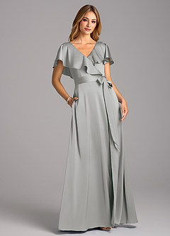 Azazie Lainey Bridesmaid Dresses Silver A-Line with Pockets Stretch Satin Dress image1