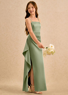Azazie Cannoli Girls Formal Flower Girl Dresses Pistachio A-Line Pleated Stretch Satin Dress image4