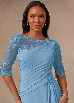 Azazie Dionysus vestidos de madre de la novia Vestido de Azul Acero de Gasa de Corte En A con Encaje cuello barco image4