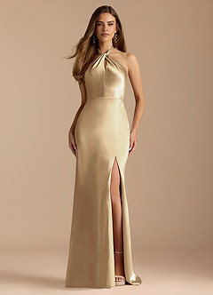 Azazie Tracie Bridesmaid Dresses Champagne A-Line Pleated Metallic Satin Dress image1