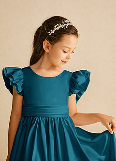 Azazie Piglette Flower Girl Dresses Ink Blue A-Line Bow Matte Satin Dress image3