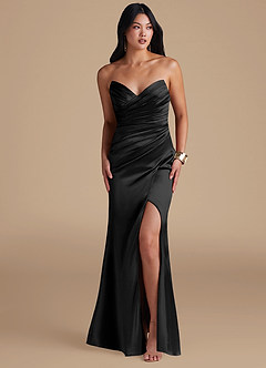 Azazie Yola Bridesmaid Dresses Black Sheath Pleated Metallic Satin Dress image6